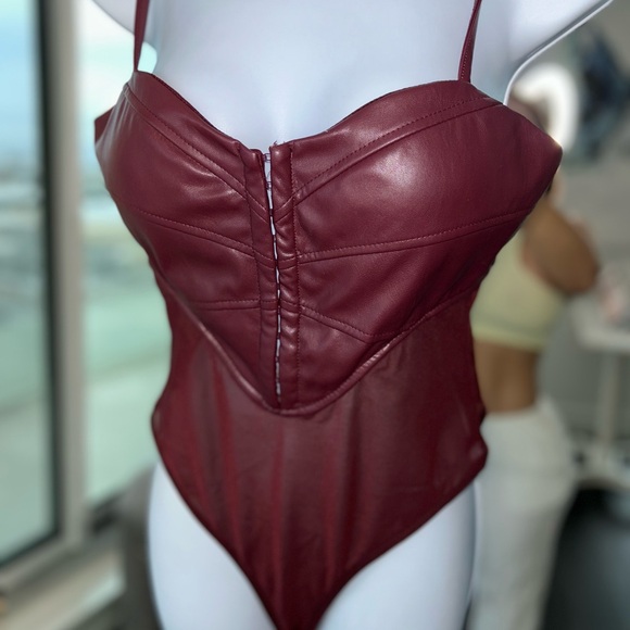 Faux Leather Burgundy Bodysuit Medium - Picture 2 of 5
